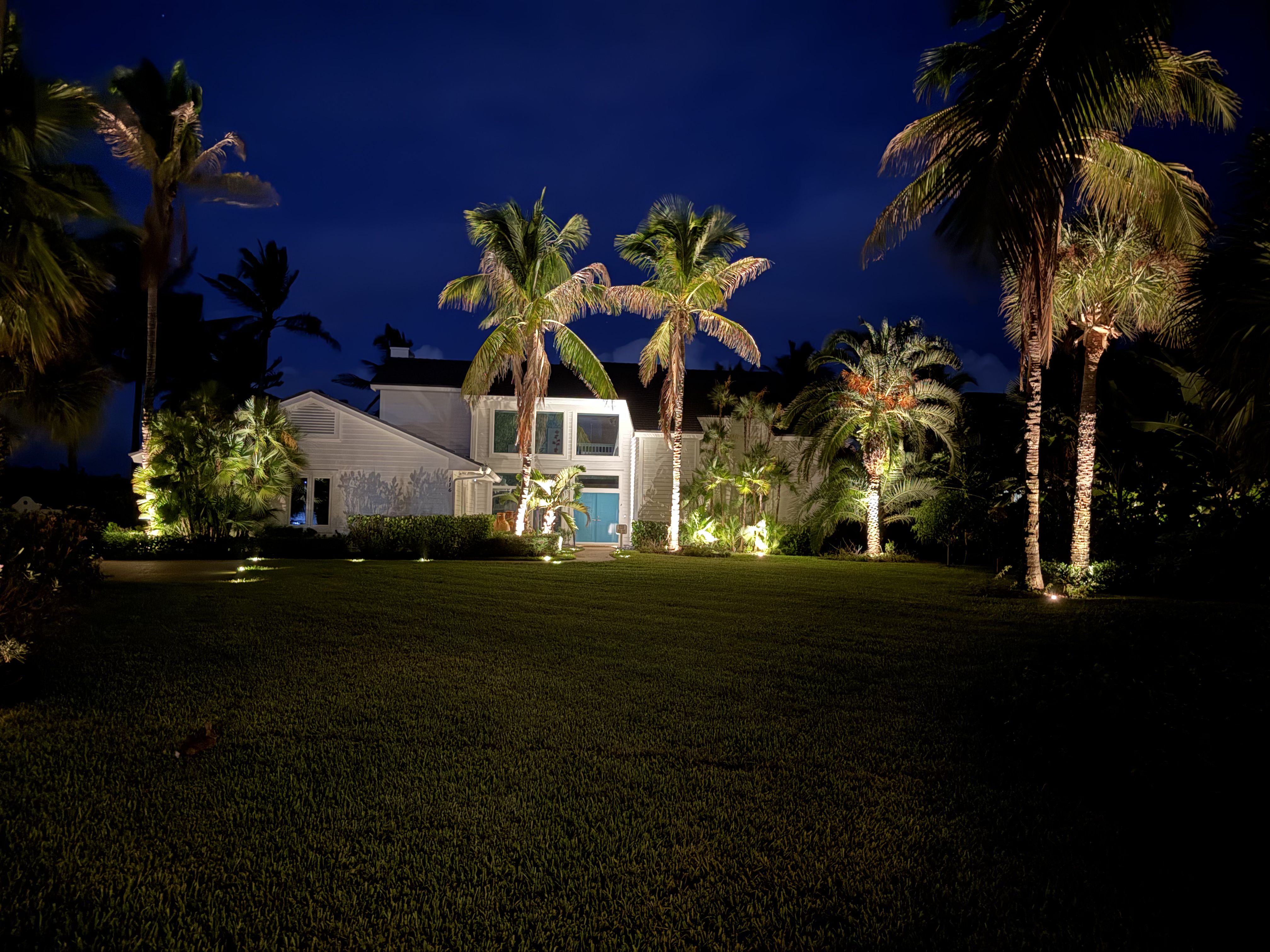 Landscape lighting on palms and lawn at a Vero Beach home at night